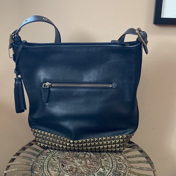 COACH Black Leather Legacy Studded Pyramid Stud Bucket Duffle Crossbody Bag - Picture 2 of 15